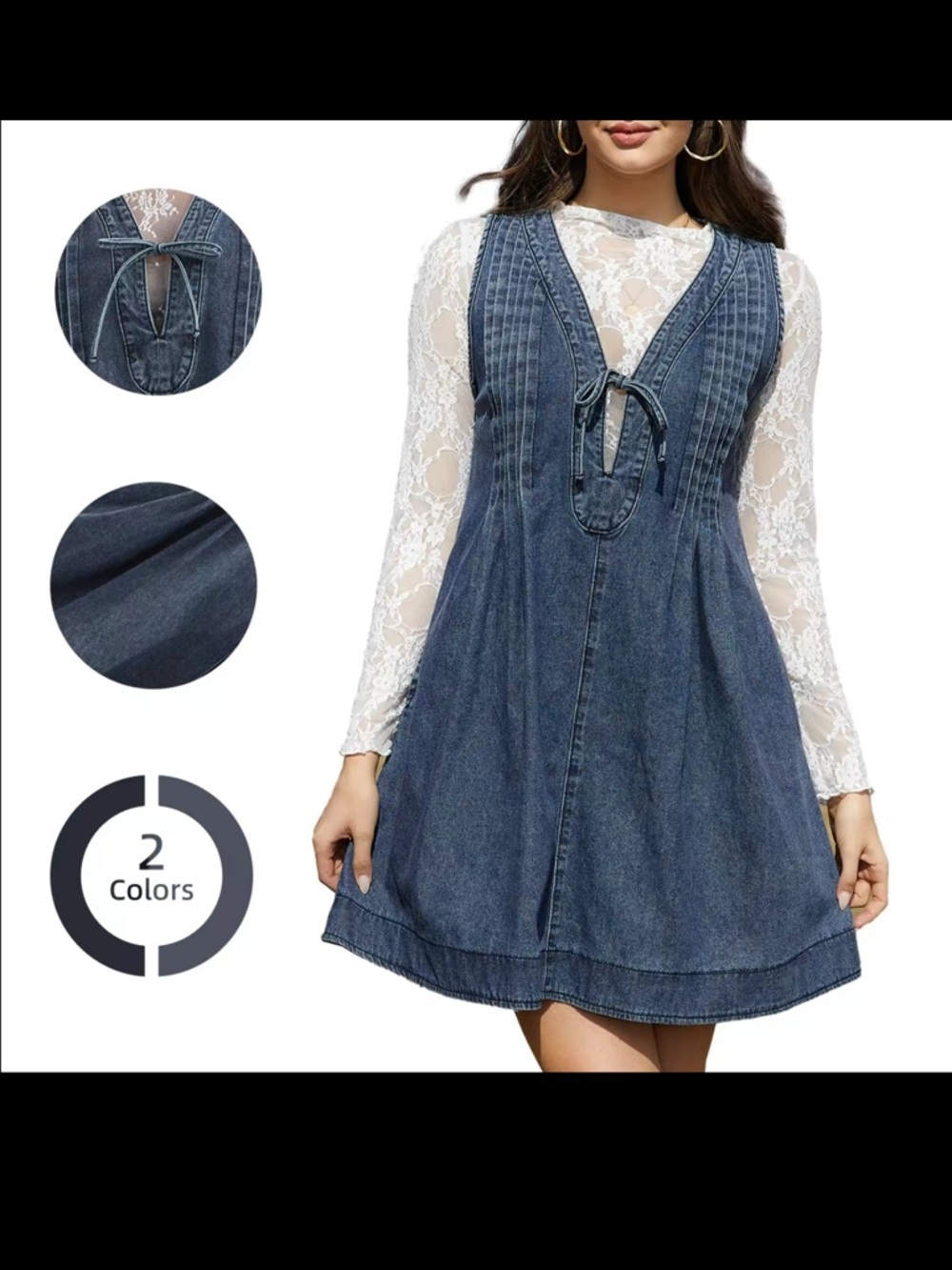 Denim A-Line Tie-Front Pinafore Dress in Dark Blue